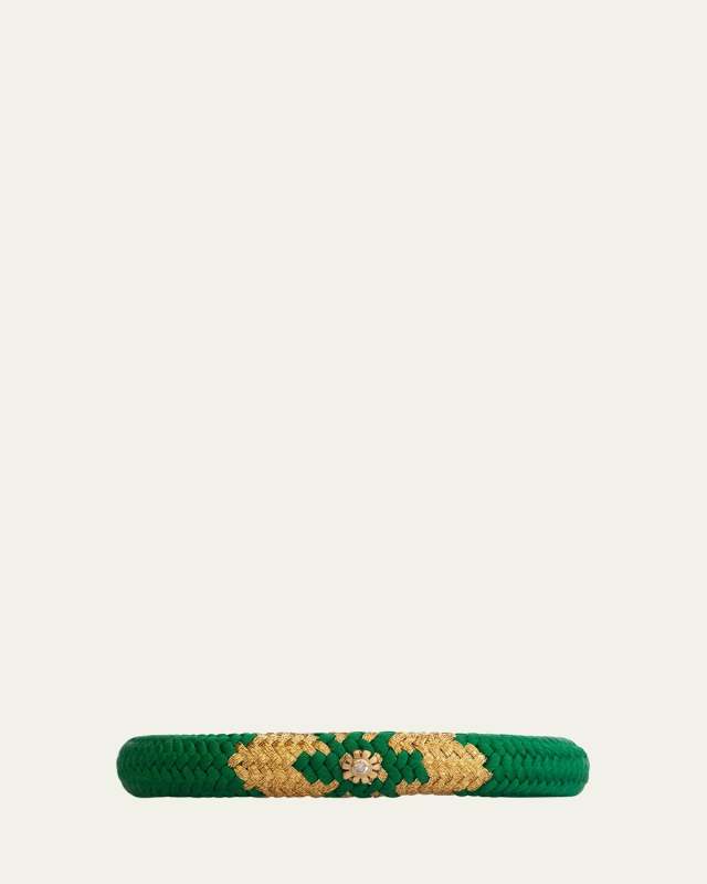 18K Yellow Gold Green Japanese Kumihimo Cord Bracelet with Diamond Bezel